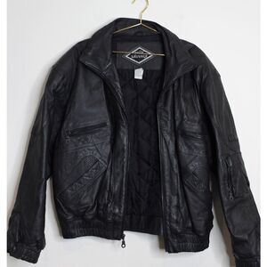 VTG Pelle Sauvage Black Leather Bomber Jacket - Large O10022